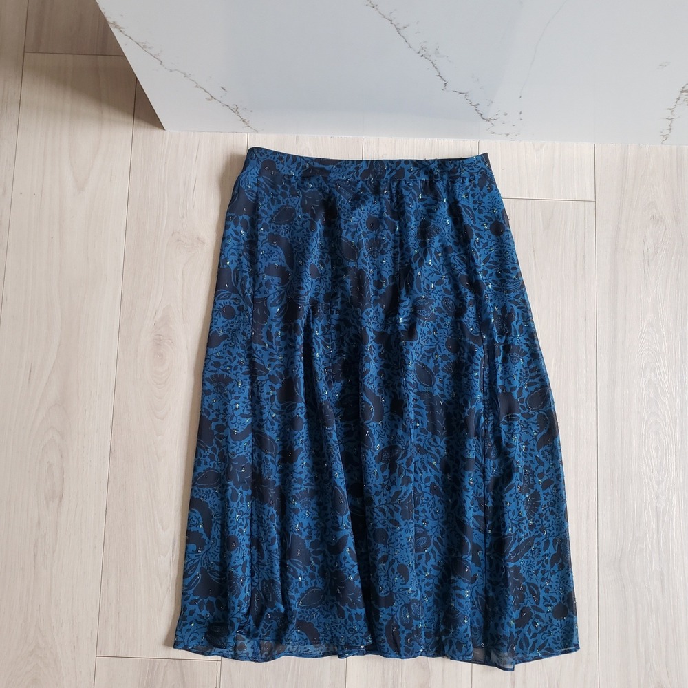 Ann Taylor Skirt Womens 10 Navy Blue Floral Metallic A Line Pleated‎ Midi